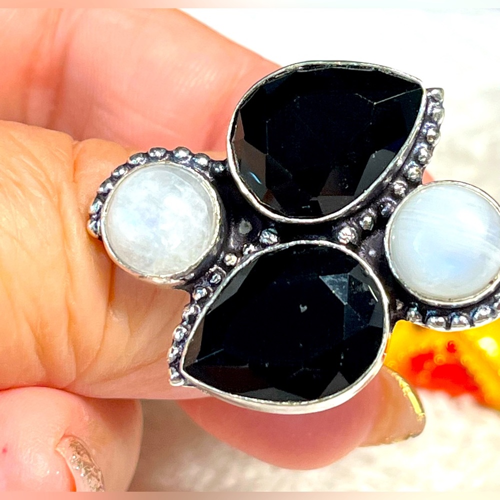 Simulated onyx and genuine moonstone ethnic handmade artisan ring-8.5